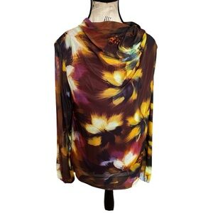 Kathy Ireland Sheer Floral Mesh Top Lined Keyhole Back NWT M/L Draped Cowl Neck